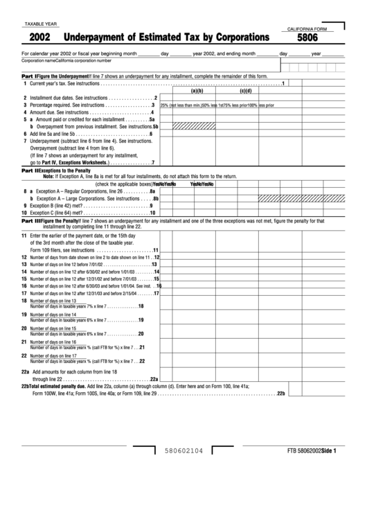 California Form 5806 - Underpayment Of Estimated Tax By Corporations - 2002 Printable pdf
