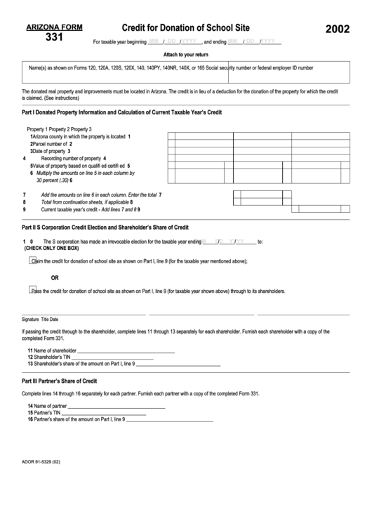 Arizona Form 331 - Credit For Donation Of School Site - 2002 Printable pdf