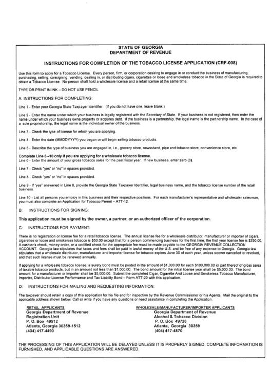 Instructions For Completion Of The Tobacco License Application (Crf-Oo8) Printable pdf