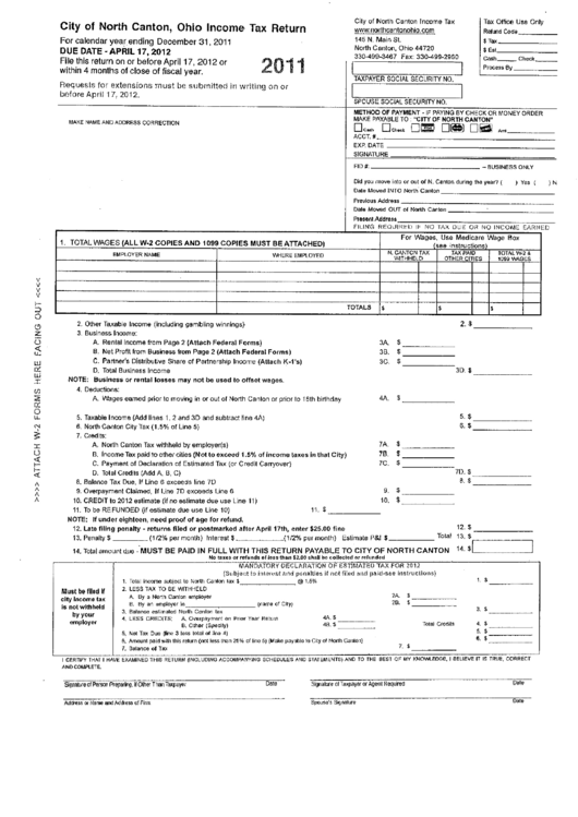 Income Tax Return Form - City Of North Canton - 2011 Printable pdf