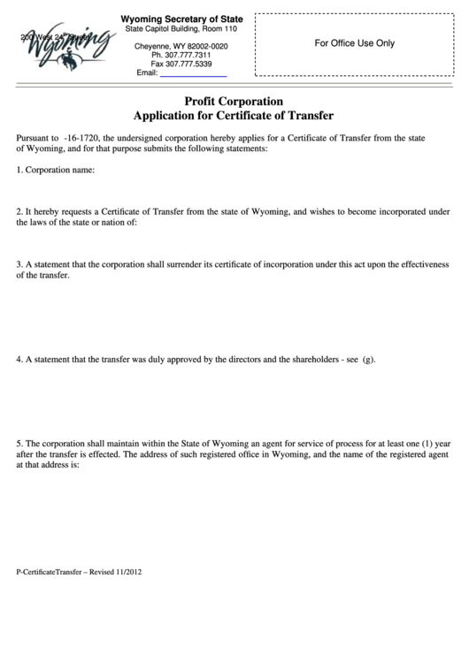 Fillable P-Certificatetransfer Form - Profit Corporation Application For Certificate Of Transfer Printable pdf
