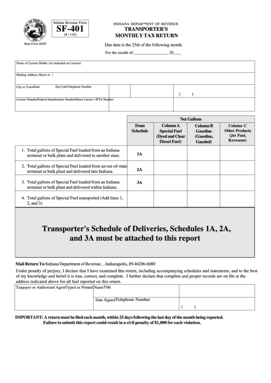 Indiana Revenue Form Sf-401 - Transporter