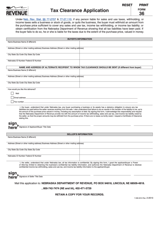 Fillable Form 36 - Tax Clearance Application Printable pdf