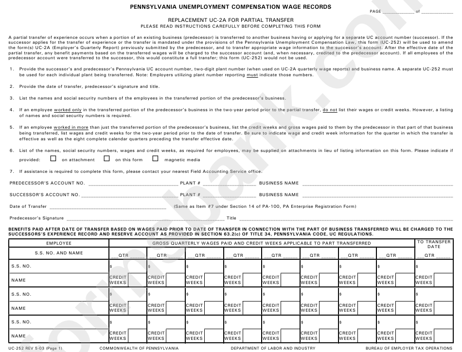 Form Uc-252 - Pennsylvania Unemployment Compensation Wage Records