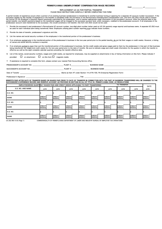 Form Uc-252 - Pennsylvania Unemployment Compensation Wage Records Printable pdf
