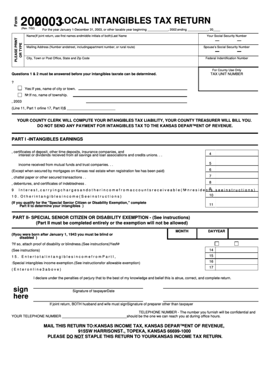 Form 200 - Local Intangibles Tax Return - 2003 Printable pdf