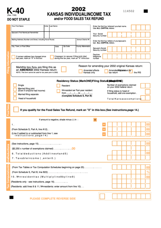 Form K-40 - Kansas Individual Income Tax And/or Food Sales Tax Refund - 2002 Printable pdf