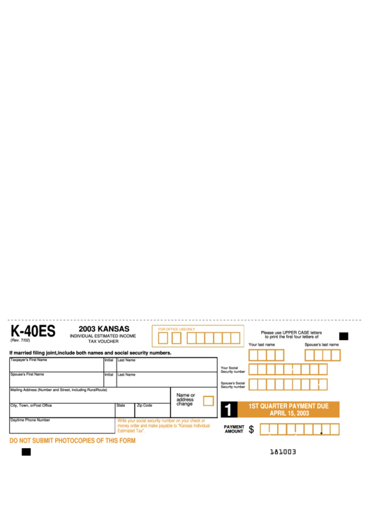 Form K-40es - 2003 Kansas Individual Estimated Income Tax Voucher Printable pdf