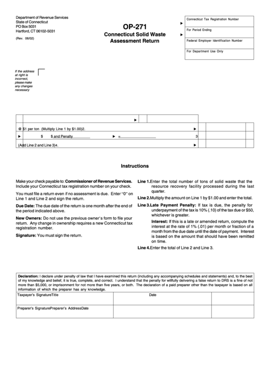 Form Op-271 - Connecticut Solid Waste Assessment Return Printable pdf