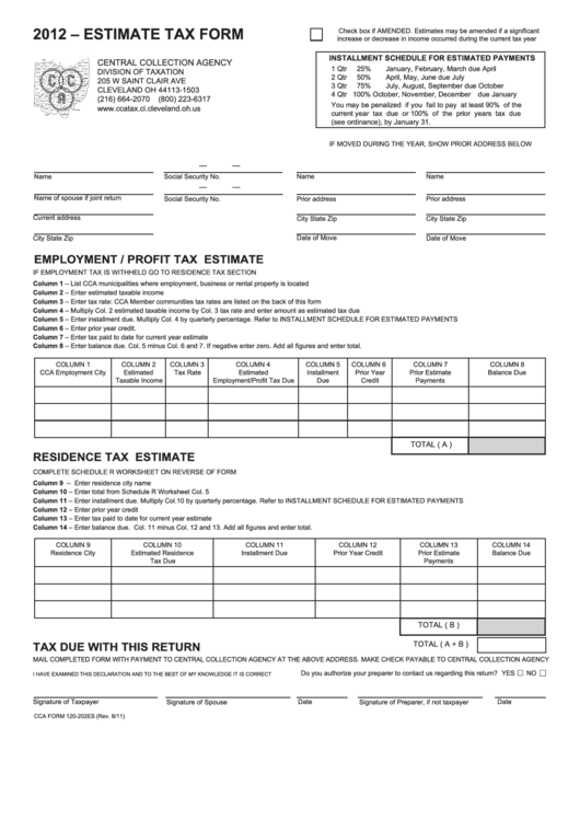 Cca Form 120-202es - Estimate Tax Form - 2012 Printable pdf