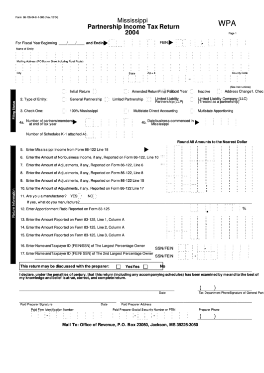 Form 86-105-04-8-1-000 - Partnership Income Tax Return - 2004 Printable pdf