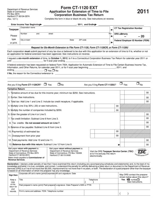 Form Ct-1120 Ext - Application For Extension Of Time To File Corporation Business Tax Return - 2011 Printable pdf