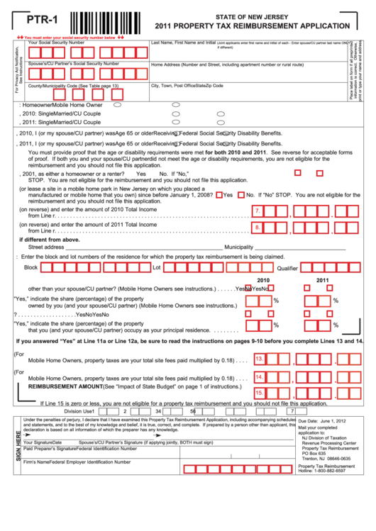 Fillable Form Ptr-1 - Property Tax Reimbursement Application - 2011 Printable pdf