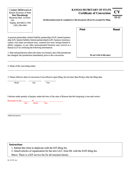 Fillable Form Cv 53-13 - Certificate Of Conversion - Kansas Secretary Of State Printable pdf