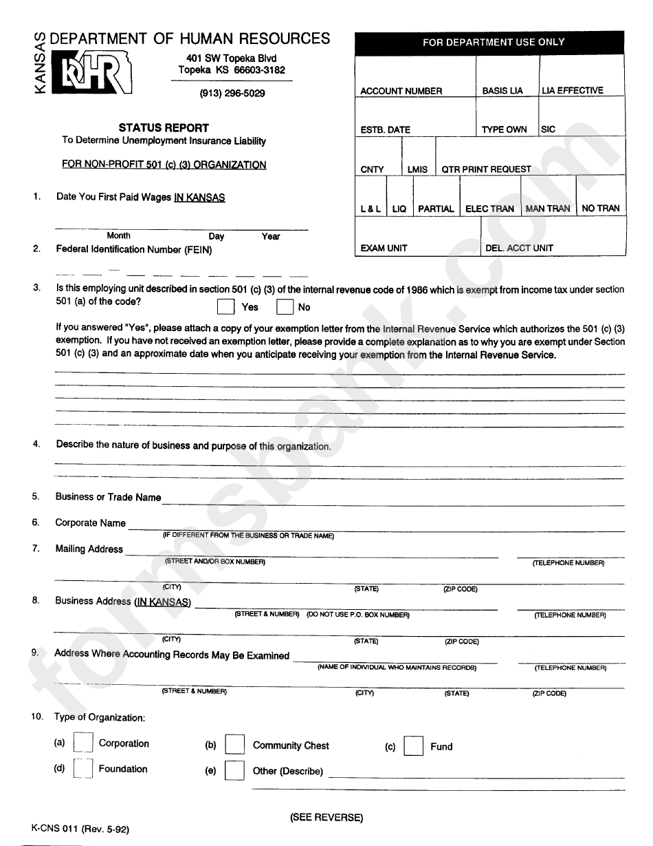 Form K-Cns 011 - Status Report - Kansas Department Of Human Resources