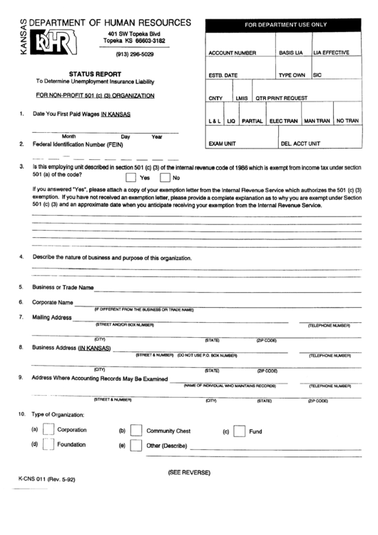 Form K-Cns 011 - Status Report - Kansas Department Of Human Resources Printable pdf