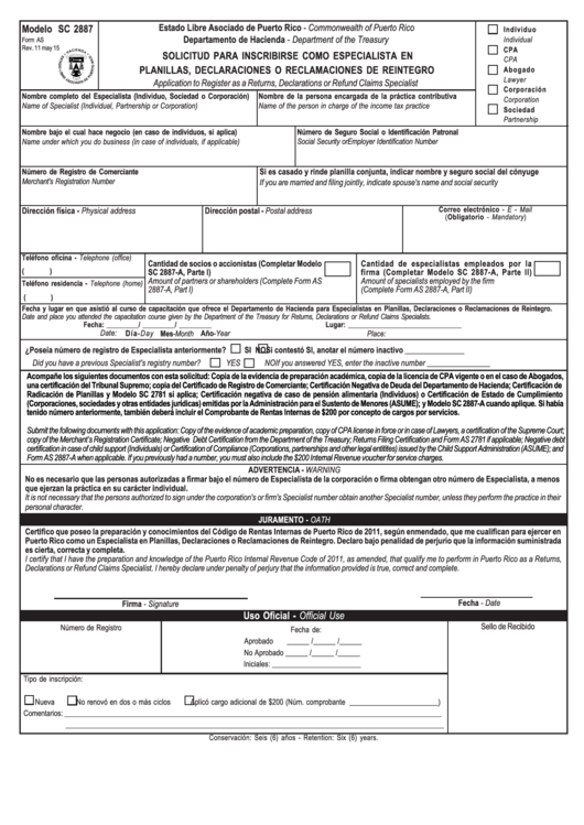 Form As - Modelo Sc 2887 - Solicitud Para Inscribirse Como Especialista En Planillas, Declaraciones O Reclamaciones De Reintegro Printable pdf