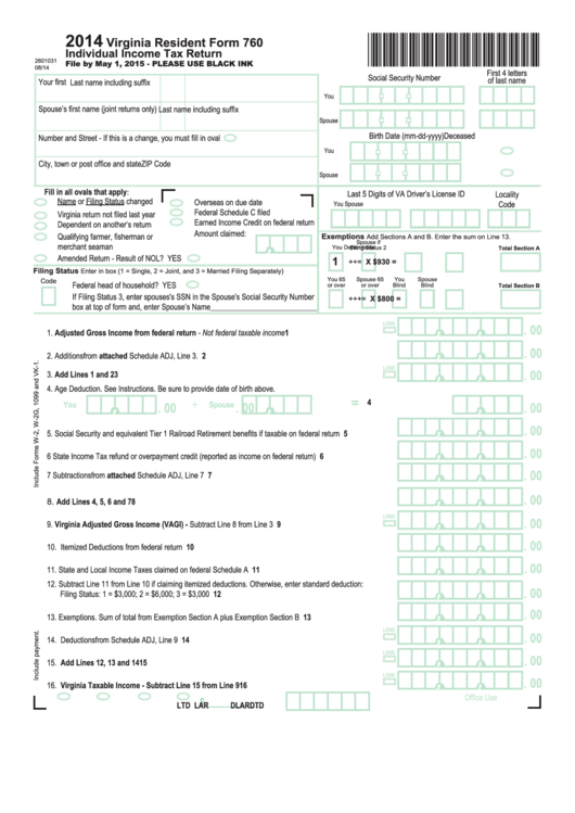 Form 760 - Virginia Resident Individual Income Tax Return - 2014 Printable pdf
