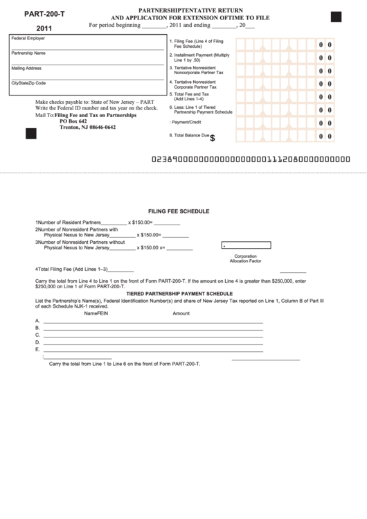 Fillable Form Part-200-T - Partnership Tentative Return And Application For Extension Of Time To File - 2011 Printable pdf