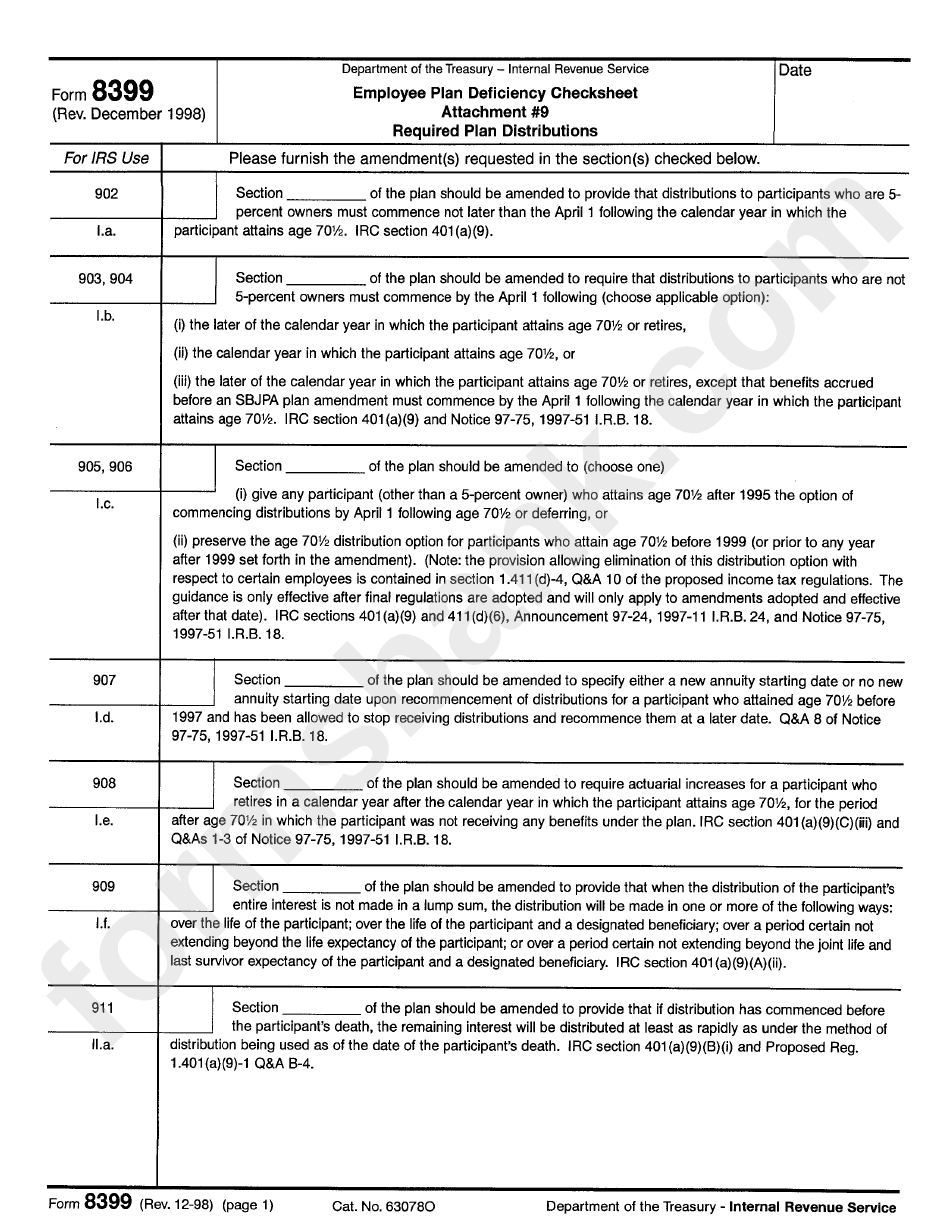 Form 8399 - Employee Plan Deficiency Checksheet Attachment 9 Required Plan Distribution