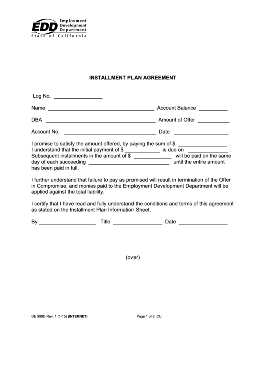 Fillable Form De 999d - Installment Plan Agreement Printable pdf