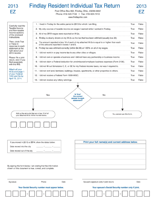 Fillable Findlay Resident Individual Tax Return - 2013 Printable pdf