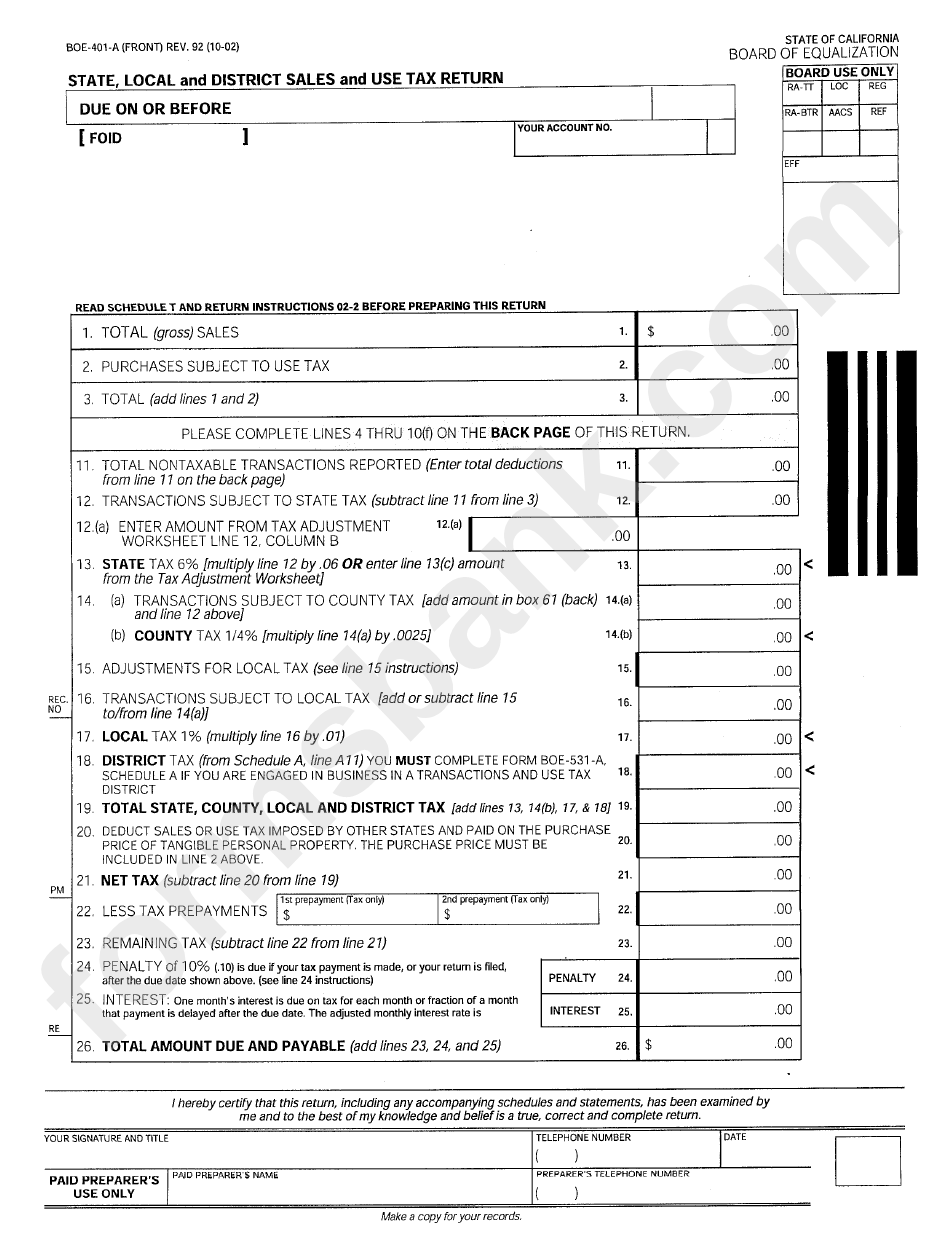 Form Boe-401-A - State, Local And District Sales And Use Tax Return