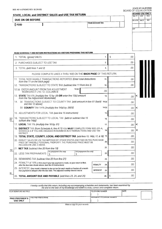 Form Boe-401-A - State, Local And District Sales And Use Tax Return Printable pdf