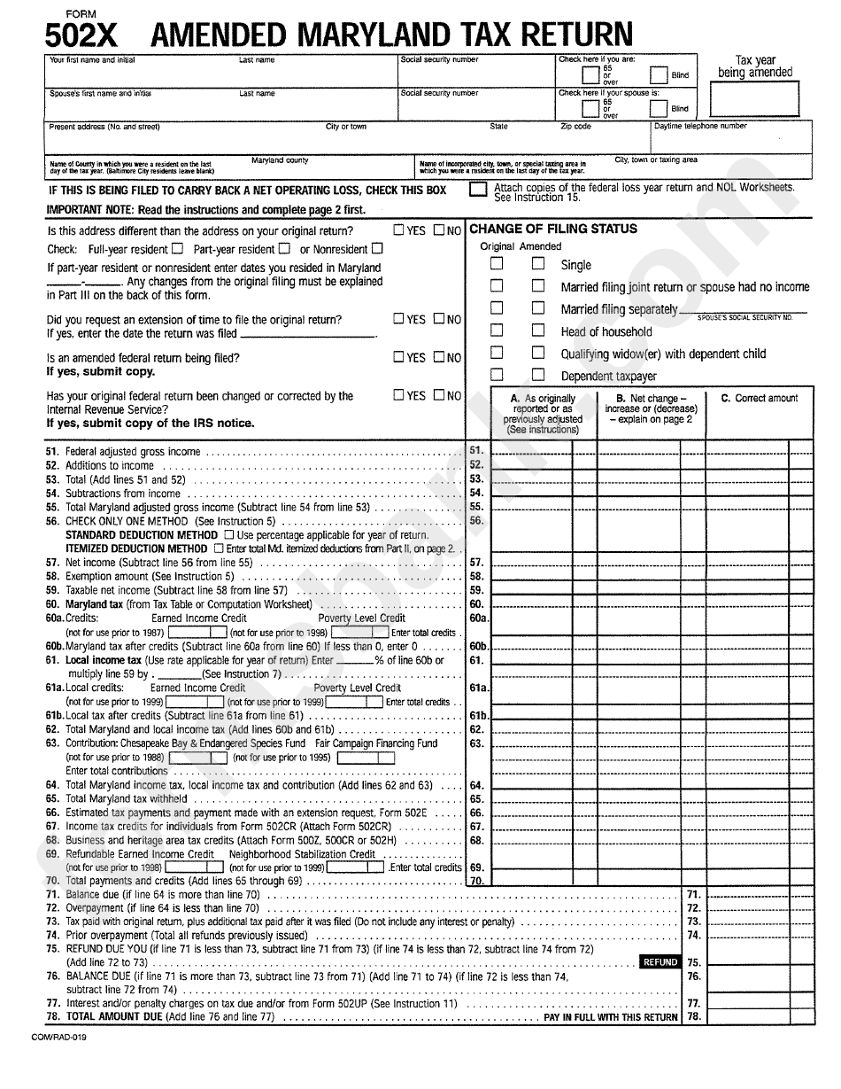 Form 502x Amended Maryland Tax Return printable pdf download