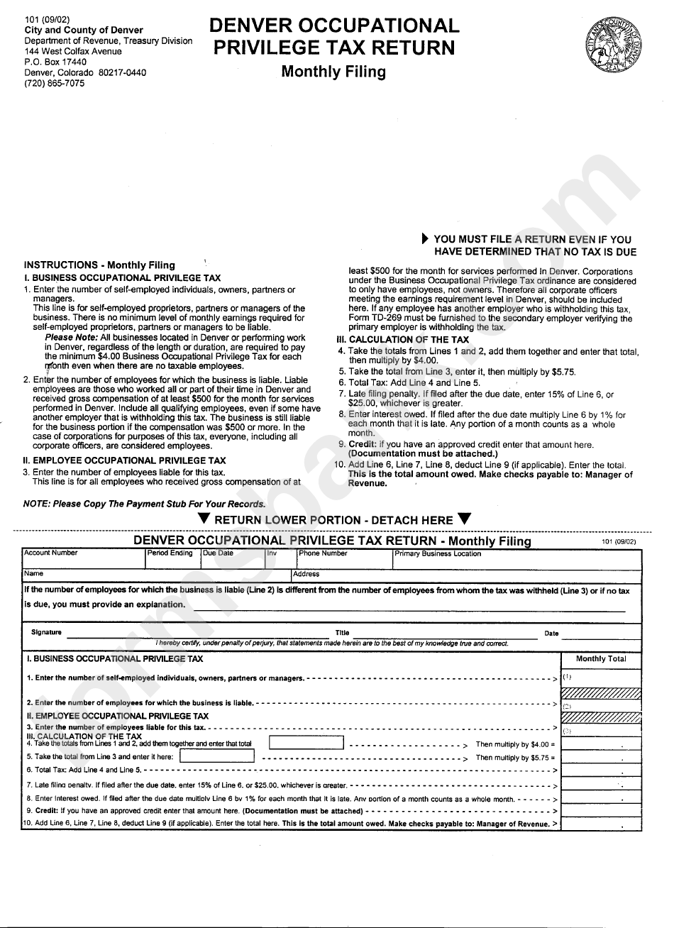 Form 101 - Denver Occupational Privilege Tax Return - Monthly Filing - 2002
