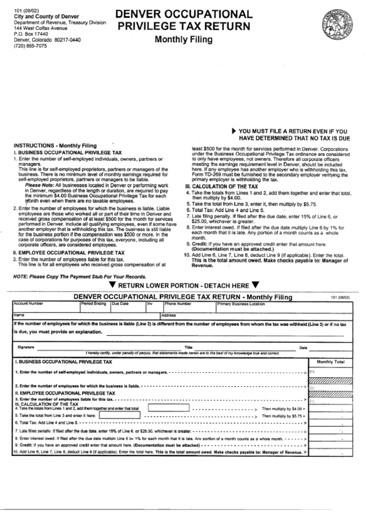 Form 101 - Denver Occupational Privilege Tax Return - Monthly Filing - 2002 Printable pdf