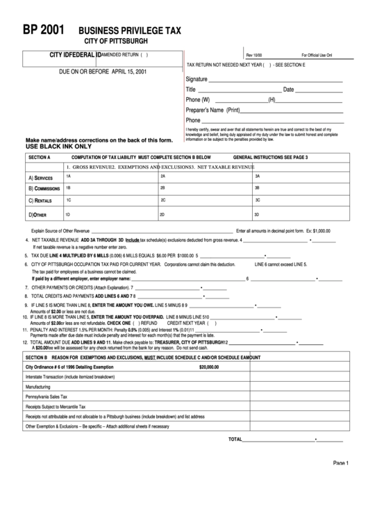 Form Bp - Business Privilege Tax - City Of Pittsburh - 2001 Printable pdf