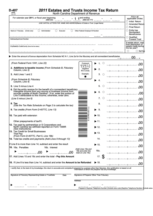 Form D-407 - Estates And Trusts Income Tax Return - 2011 Printable pdf