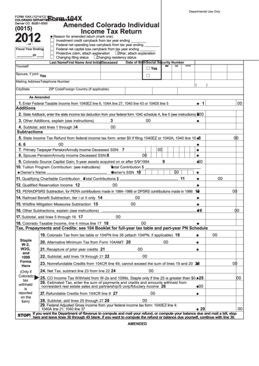Form 104x - Amended Colorado Individual Income Tax Return - 2012 Printable pdf
