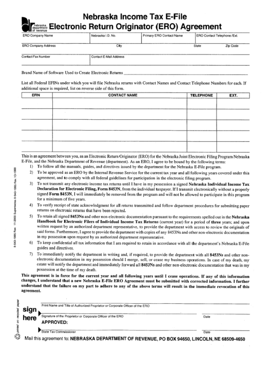 Nebraska Income Tax E-File Electronic Return Originator (Ero) Agreement - Nebraska Department Of Revenue Printable pdf