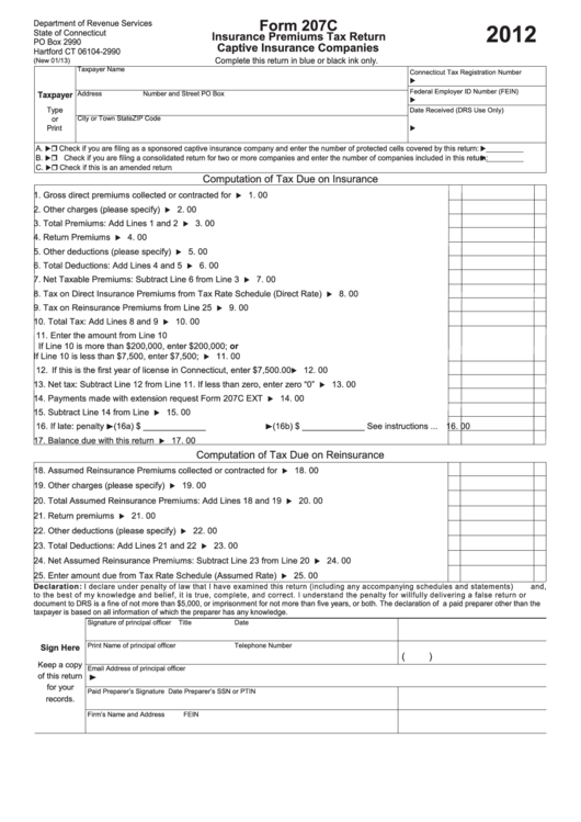 Form 207c - Insurance Premiums Tax Return Captive Insurance Companies - 2012 Printable pdf