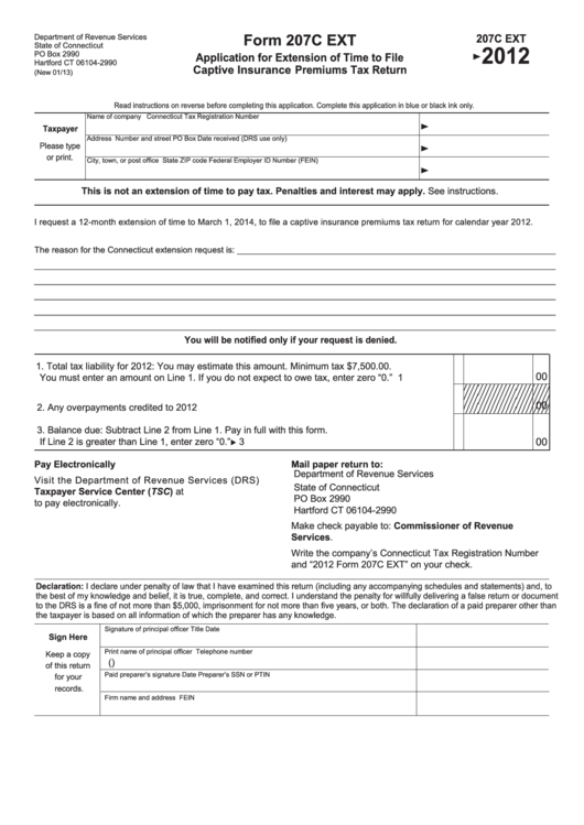 Form 207c Ext - Application For Extension Of Time To File Captive Insurance Premiums Tax Return - 2012 Printable pdf