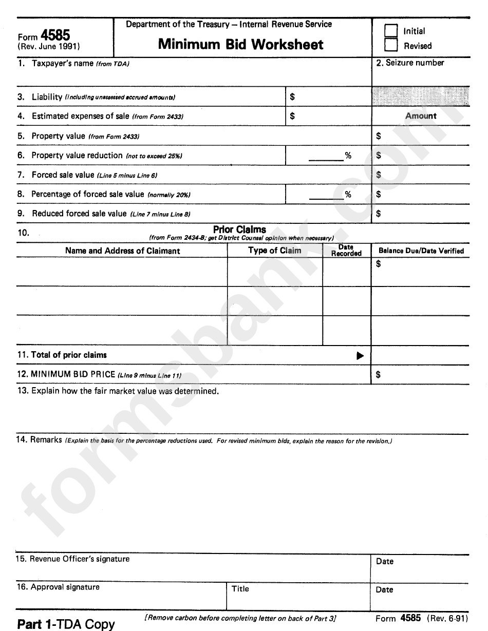 Form 4585 - Minimum Bid Worksheet - 1991