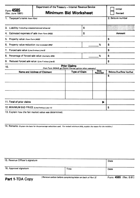 Form 4585 - Minimum Bid Worksheet - 1991 Printable pdf