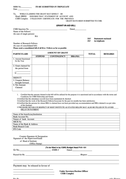 Grant-In-Aid-Bill Form - Csir Complex Printable pdf