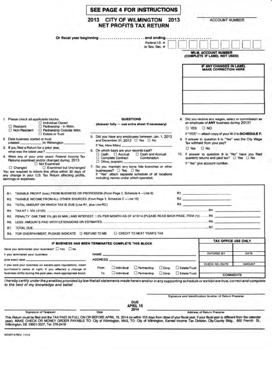Form Wcwt-6 - Net Profits Tax Return - City Of Wilmington - 2013 Printable pdf