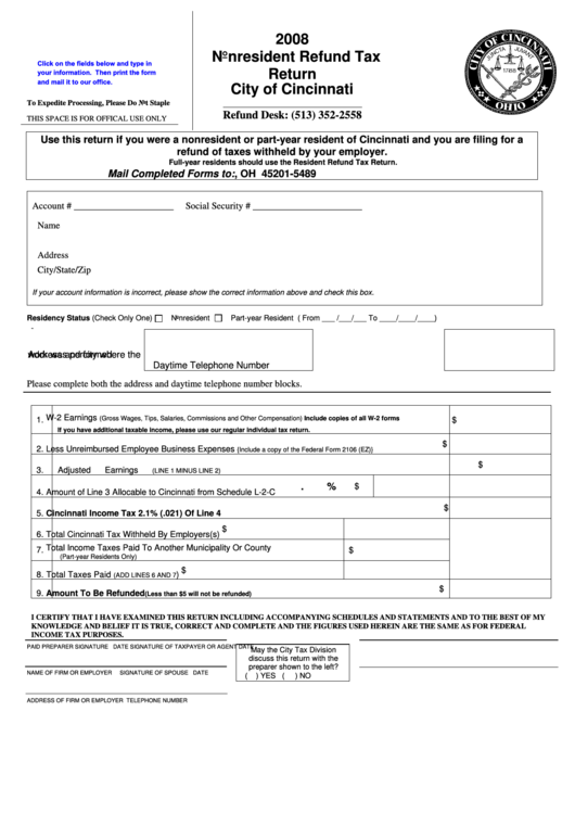 Fillable 2008 Nonresident Refund Tax Return - City Of Cincinnati Printable pdf