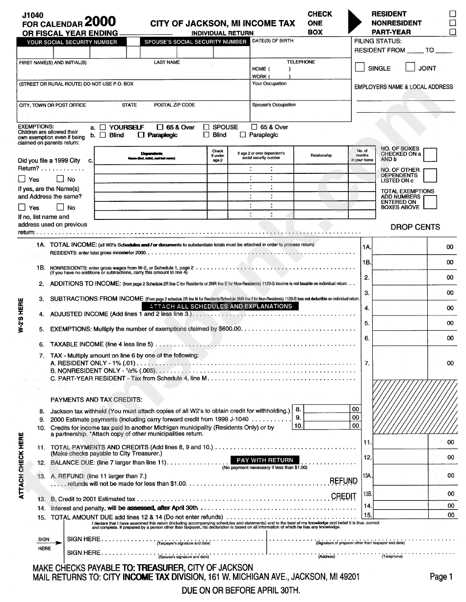 Form J1040 - Mi Income Tax - 2000