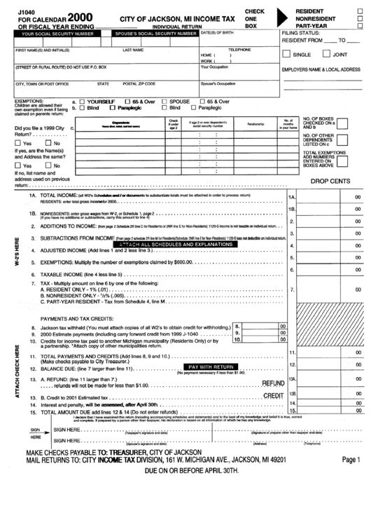 Form J1040 - Mi Income Tax - 2000 Printable pdf