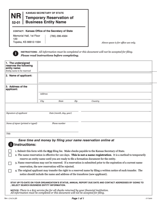 Form Nr 52-01 - Temporary Reservation Of Business Entity Name - Kansas Secretary Of State Printable pdf
