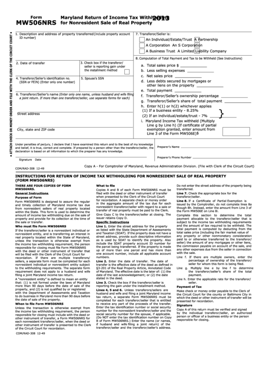 Form Mw506nrs - Maryland Return Of Income Tax Withholding For Nonresident Sale Of Real Property - 2013 Printable pdf