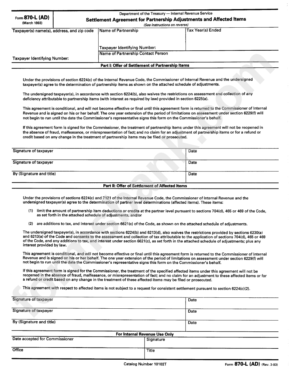 Form 870-L(Ad) - Settlement Agreement For Partnership Adjustment And Affected Items
