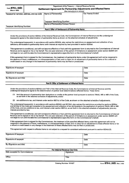 Form 870-L(Ad) - Settlement Agreement For Partnership Adjustment And Affected Items Printable pdf