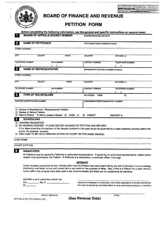 Form Bfr-003 - Board Of Finance And Revenue Petition Form Printable pdf
