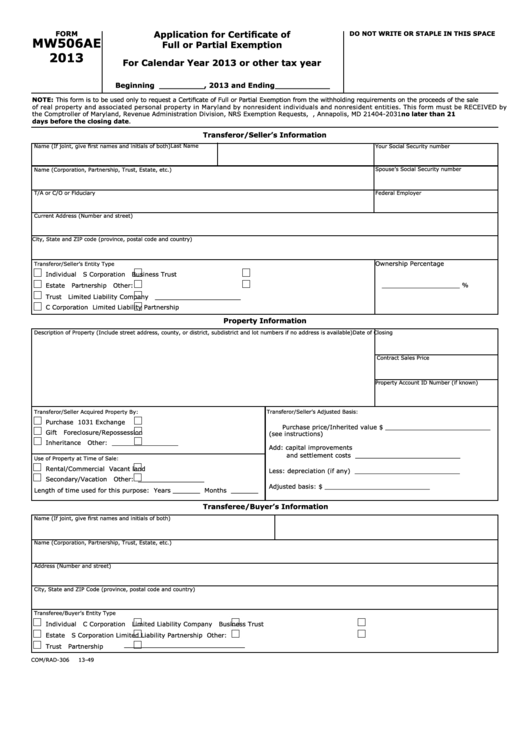 Fillable Form Mw506ae - Application For Certificate Of Full Or Partial Exemption - 2013 Printable pdf